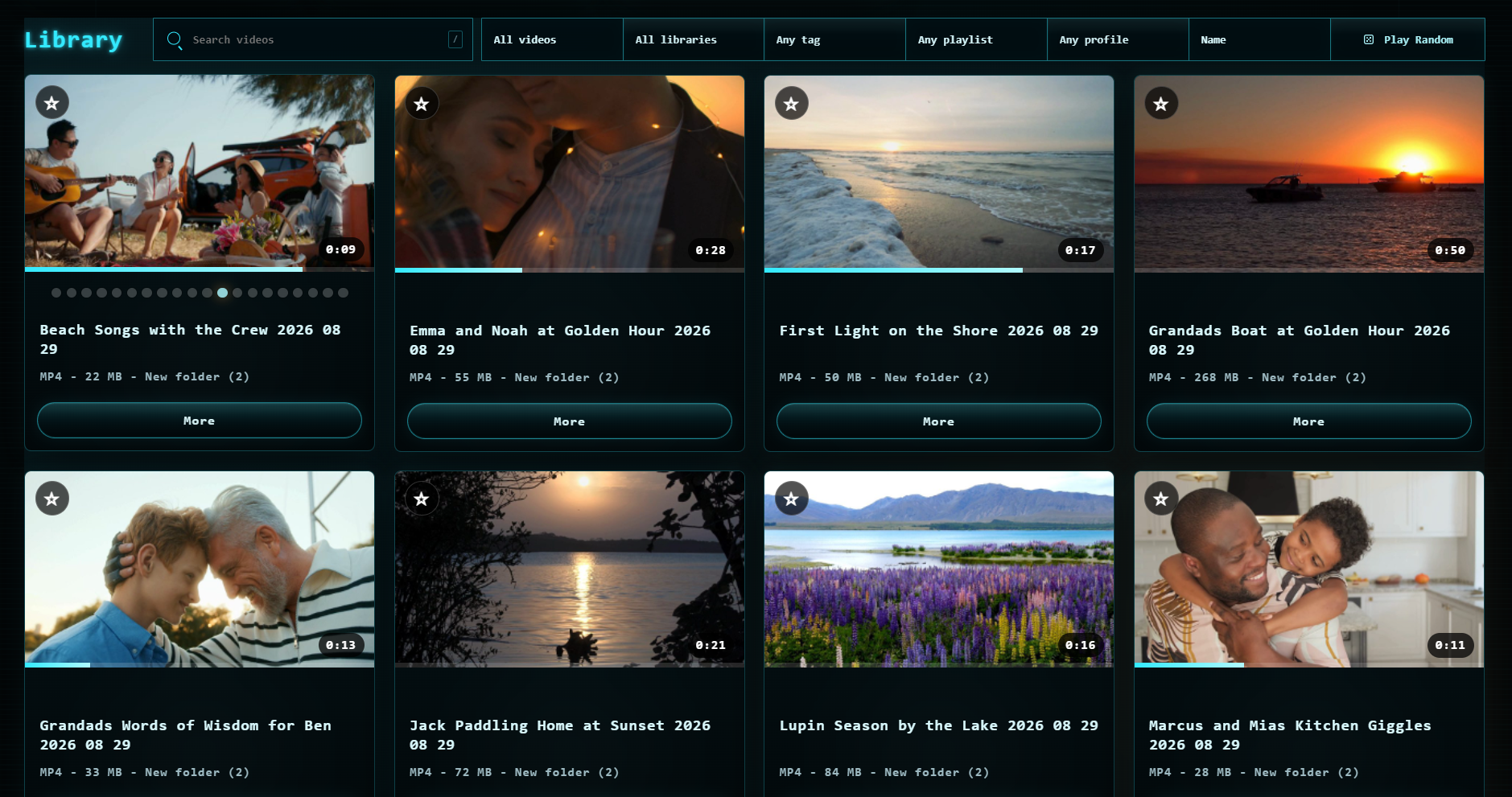 FolderStream library with searchable video cards, filters, favourites, progress, and playback controls.
