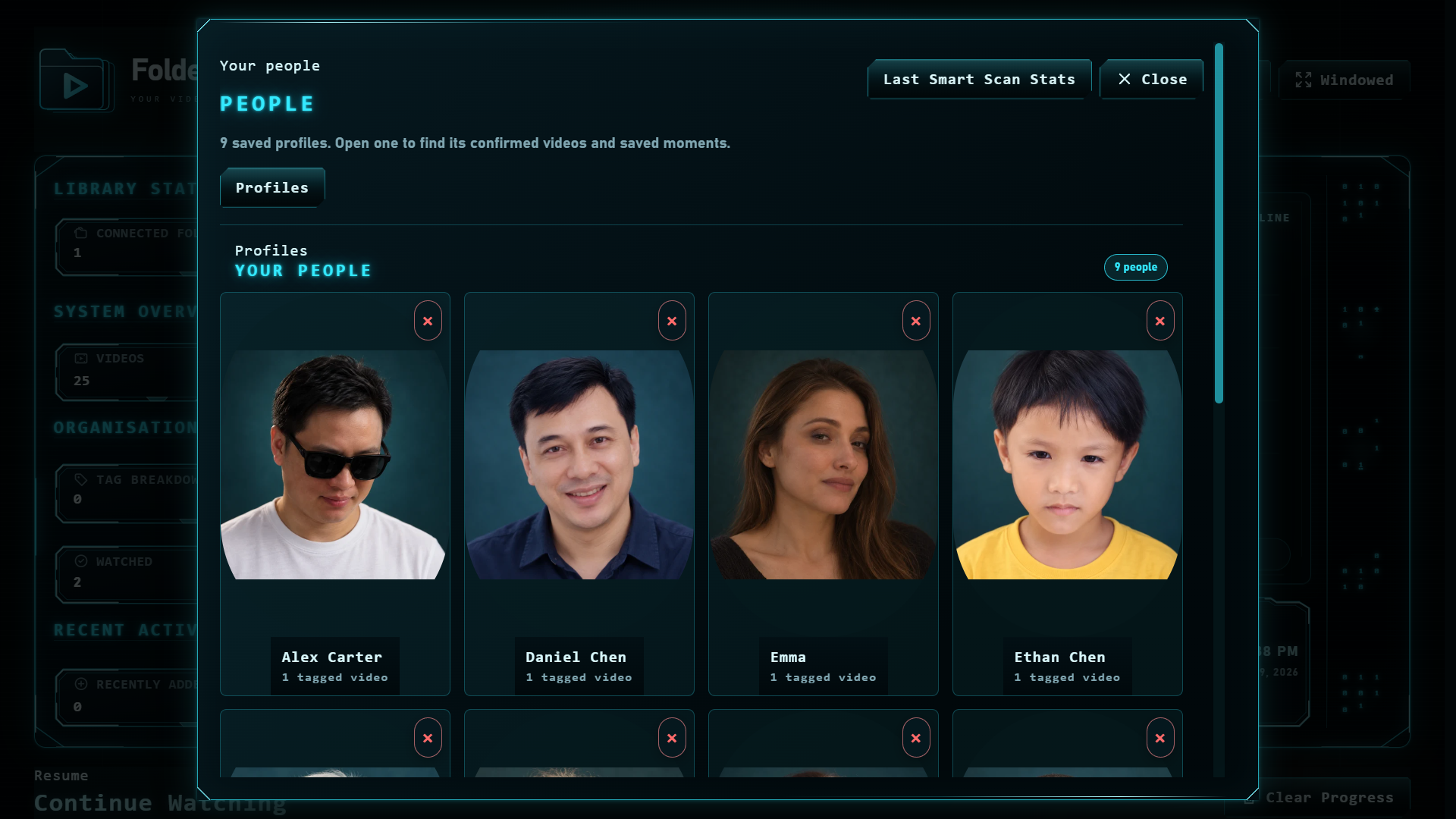 FolderStream People menu showing saved profiles with face thumbnails and tagged-video counts.