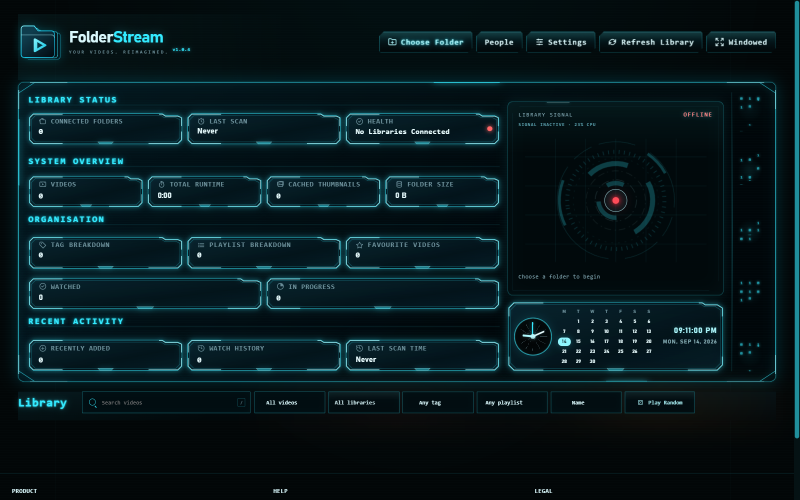FolderStream dashboard in the cyan Sci-Fi HUD theme.