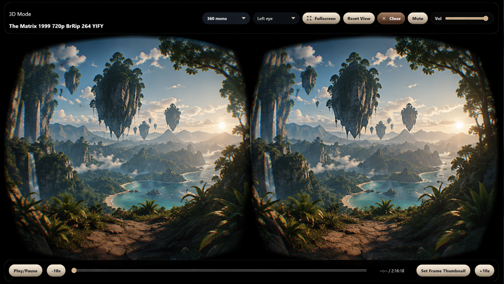 FolderStream 3D mode showing a side-by-side immersive landscape for VR viewing.
