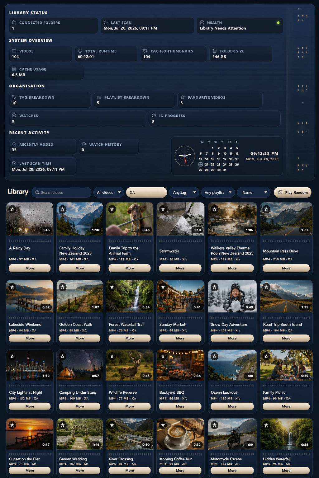 FolderStream desktop library showing dashboard summaries, search, filters, and a grid of video thumbnails in one view.