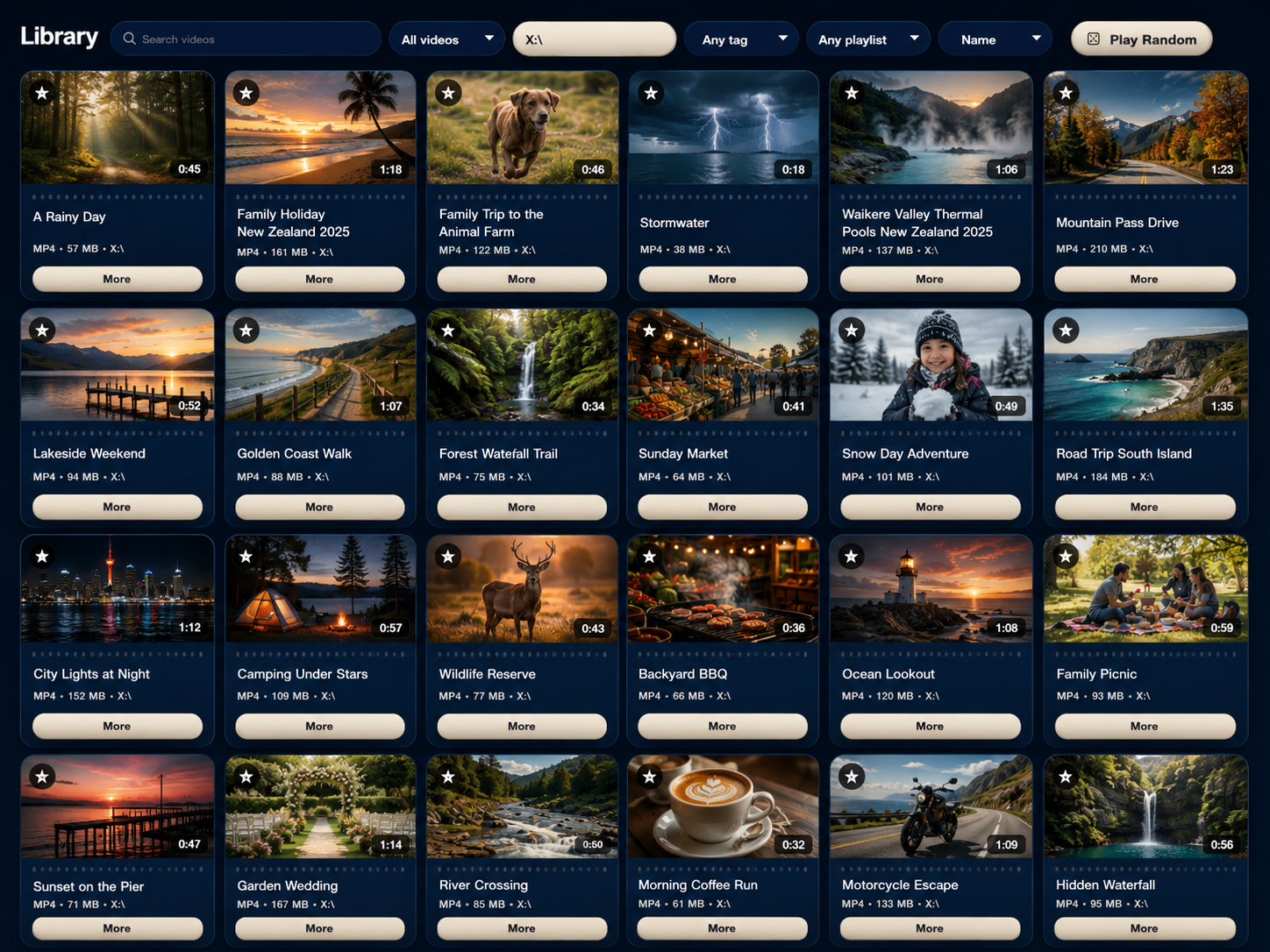 FolderStream library view showing search, filters, video cards, and a broad browsable collection.