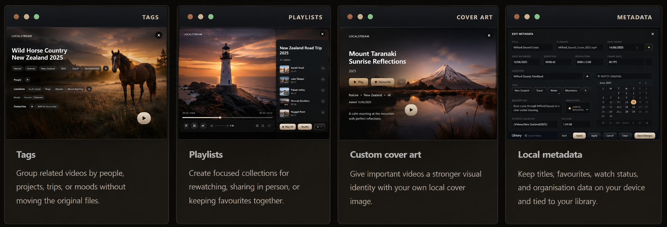 Four FolderStream organisation cards showing tags, playlists, custom cover art, and local metadata features.