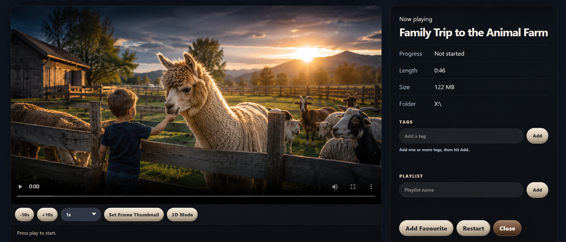 FolderStream video view with a large visual preview and local organisation controls.