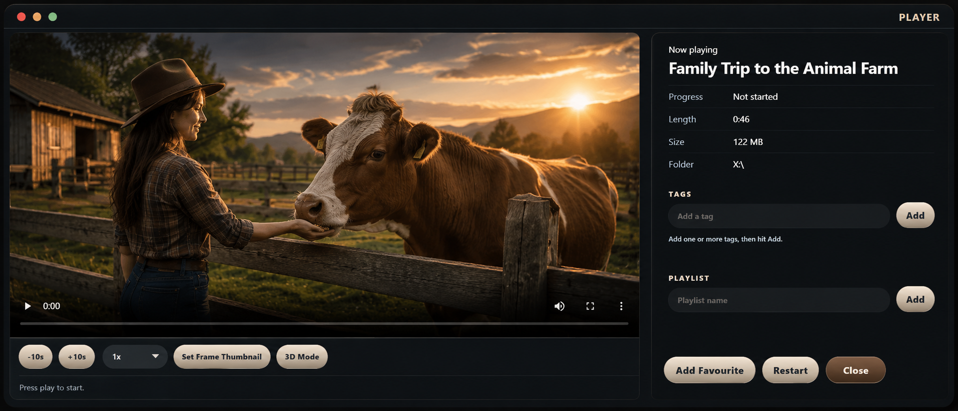 FolderStream player view showing a woman feeding a cow at sunset with metadata, tags, playlists, and playback controls alongside the video.