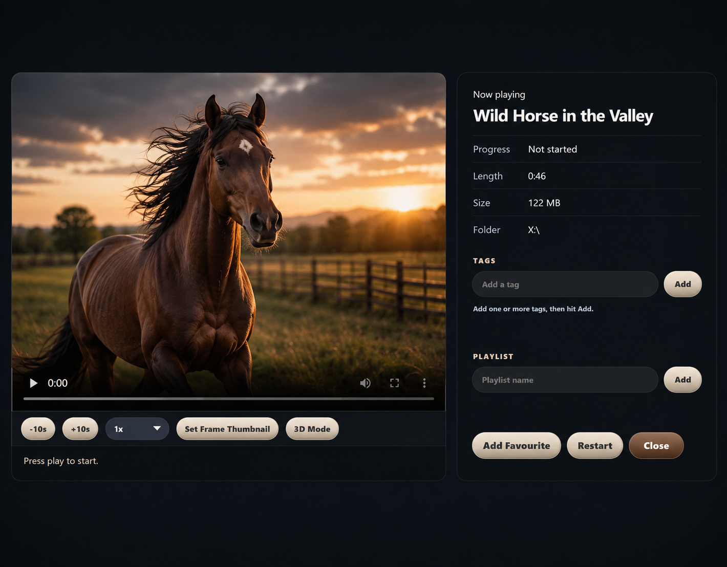 FolderStream player view showing a horse video at sunset with playback controls, tags, playlists, favourites, and now playing details beside the video.