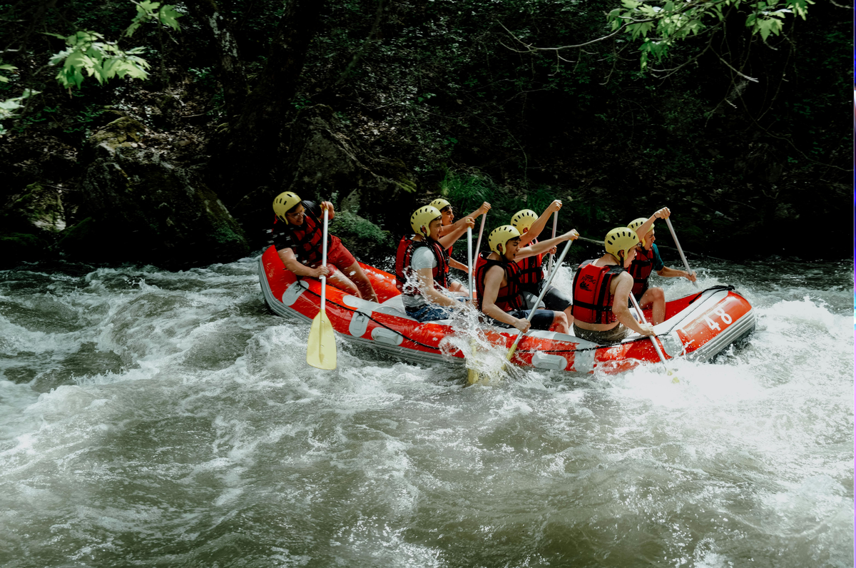 Friends white-water rafting through a forest river.