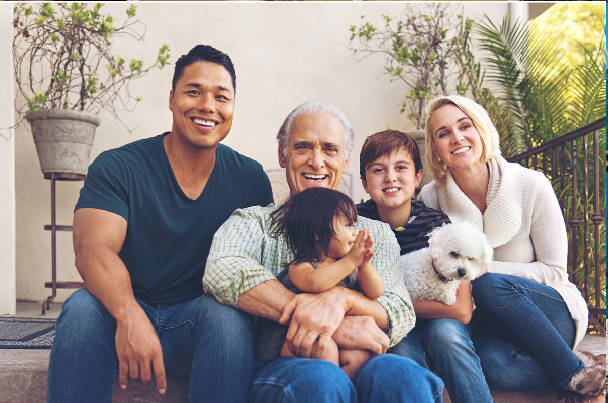 A multigenerational family gathered together outdoors.