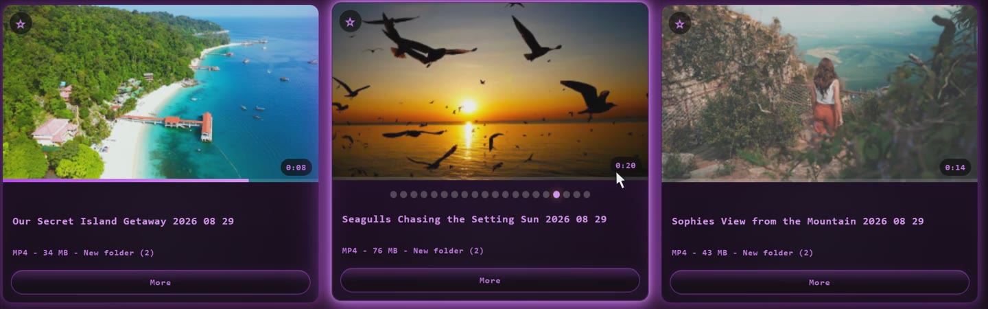 Three FolderStream video cards showing an island, seabirds at sunset, and a mountain view.